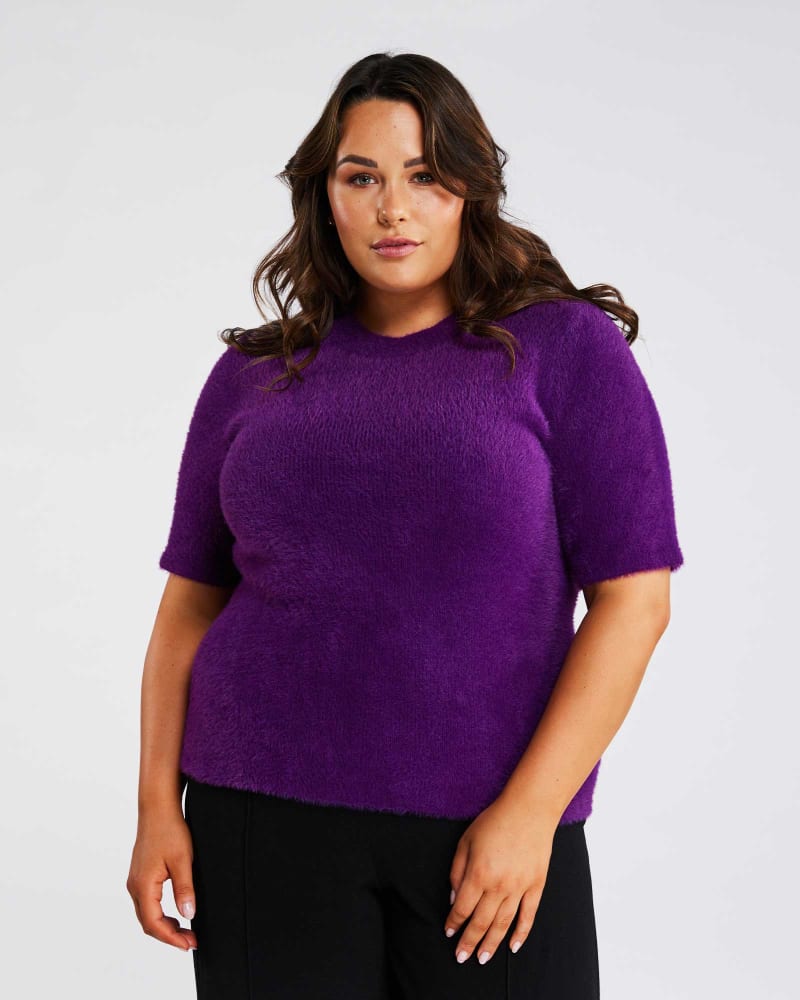 Front of a model wearing a size 20W Nora Knit in Ultraviolet by Estelle. | dia_product_style_image_id:302180